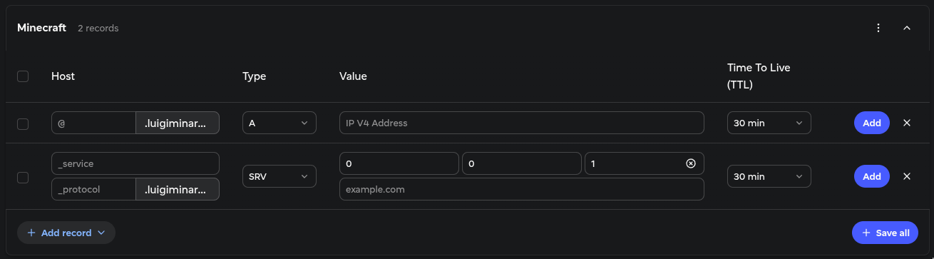 image showing empty Host and Values on an A and SRV type DNS records with default TTL (30 minutes)