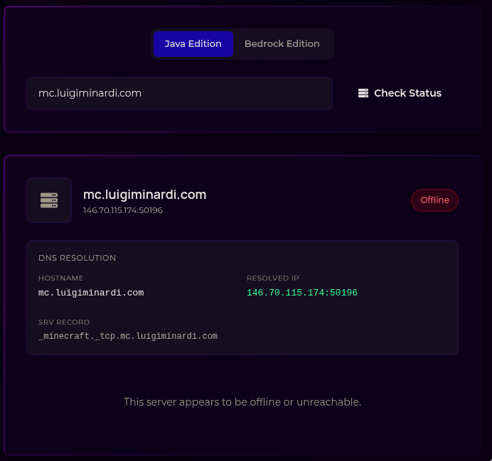 screenshot of the gbnodes.host site showing your server offline